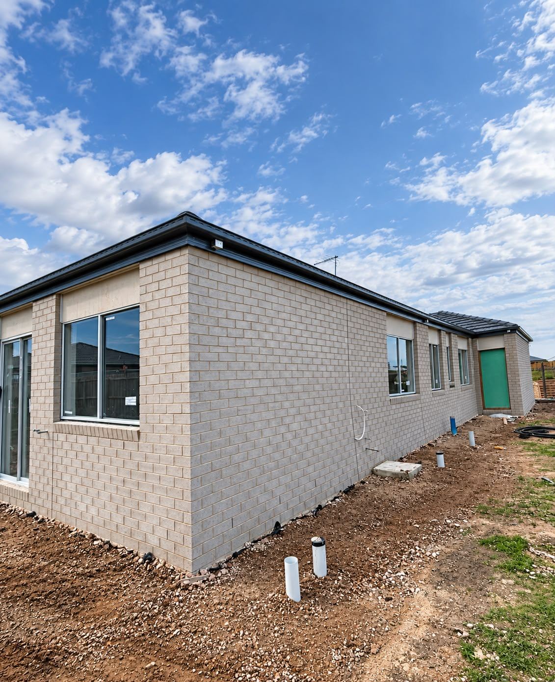 Corner of a new brick veneer home with window frames and eaves installed